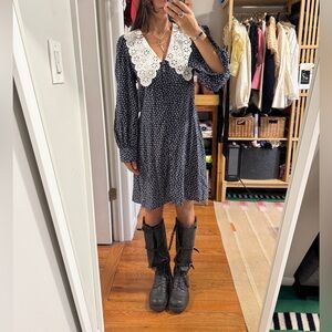 & Other Stories Navy Floral Dress with White Lace Collar